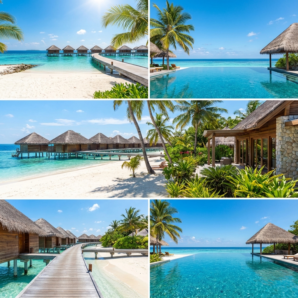 A luxurious tropical beach resort with white sand, turquoise water